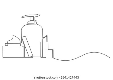 Continuous one line drawing of Hydrating facial skincare set for annual sale. Single line drawing illustration of Skincare ads template. Cosmetic package concept vector art. Doodle line illustration.