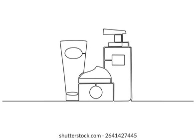 Continuous one line drawing of Hydrating facial skincare set for annual sale. Single line drawing illustration of Skincare ads template. Cosmetic package concept vector art. Doodle line illustration.