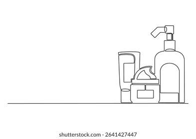 Continuous one line drawing of Hydrating facial skincare set for annual sale. Single line drawing illustration of Skincare ads template. Cosmetic package concept vector art. Doodle line illustration.