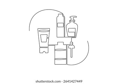 Continuous one line drawing of Hydrating facial skincare set for annual sale. Single line drawing illustration of Skincare ads template. Cosmetic package concept vector art. Doodle line illustration.