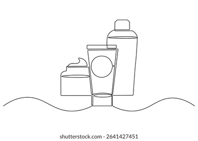 Continuous one line drawing of Hydrating facial skincare set for annual sale. Single line drawing illustration of Skincare ads template. Cosmetic package concept vector art. Doodle line illustration.
