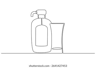 Continuous one line drawing of Hydrating facial skincare set for annual sale. Single line drawing illustration of Skincare ads template. Cosmetic package concept vector art. Doodle line illustration.