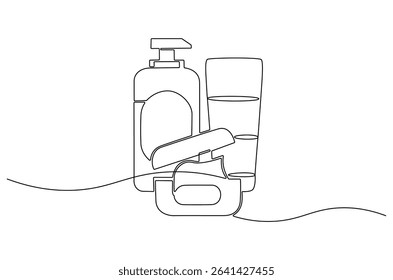 Continuous one line drawing of Hydrating facial skincare set for annual sale. Single line drawing illustration of Skincare ads template. Cosmetic package concept vector art. Doodle line illustration.