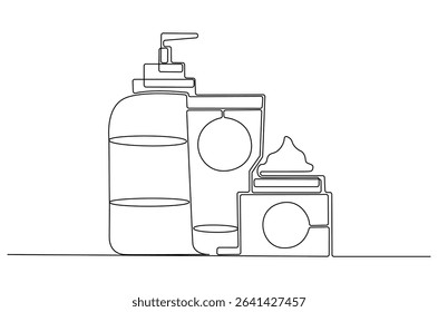 Continuous one line drawing of Hydrating facial skincare set for annual sale. Single line drawing illustration of Skincare ads template. Cosmetic package concept vector art. Doodle line illustration.