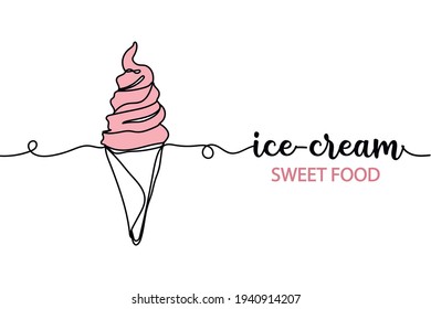 Dibujo continuo de una línea de helado. Estilo minimalista. Perfecto para tarjetas, invitaciones a fiestas, afiches, pegatinas, ropa. Comida dulce