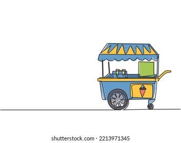 Dibujo continuo de una línea de una cabina de helados en un parque de atracciones utilizando un carrito de dos ruedas. Delicioso y delicioso postre de verano. Ilustración gráfica vectorial de diseño de líneas simples.