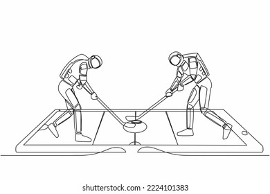 Continuous one line drawing of ice hockey rink with two astronaut players on smartphone screen. Mobile ice hockey. Online sport game. Cosmonaut outer space. Single line draw design vector illustration