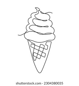 Dibujo continuo de una línea de helado de cono de gofre. Postre dibujado a mano en estilo lineal. Ilustración del vector aislada en fondo blanco