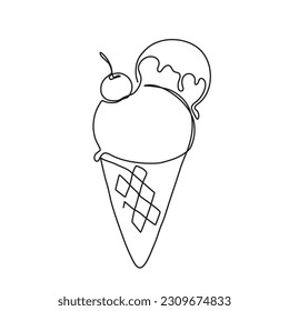 Continuous one line drawing of ice cream waffle cone. Vector illustration of hand drawn dessert with cherry on linear style