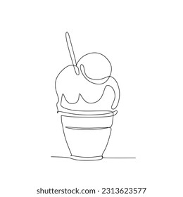 Helado continuo de una línea dibujando helado en una taza. Ilustración vectorial para el diseño de concepto alimentario