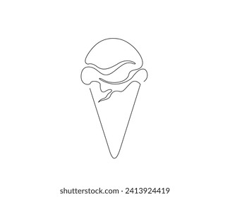 Continuous one line drawing of ice cream cone. Ice cream outline vector illustration. Editable stroke.