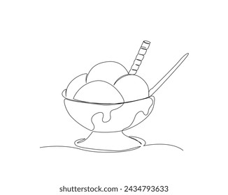 Continuous one line drawing of ice cream scoops on a glass dessert bowl. Ice cream outline vector illustration. Editable stroke.	