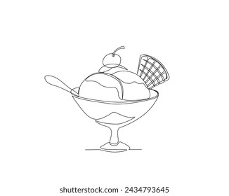 Continuous one line drawing of ice cream scoops on a glass dessert bowl. Ice cream outline vector illustration. Editable stroke.	