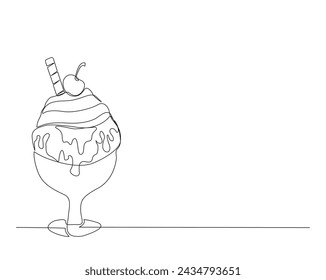 Continuous one line drawing of ice cream scoops on a glass dessert bowl. Ice cream outline vector illustration. Editable stroke.	