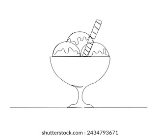 Continuous one line drawing of ice cream scoops on a glass dessert bowl. Ice cream outline vector illustration. Editable stroke.	