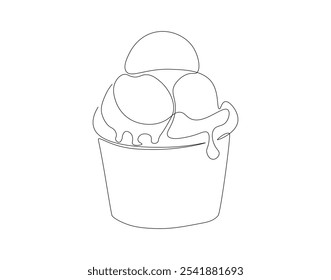 Continuous one line drawing of ice cream cup. One line drawing illustration of delicious ice cream cup. Dessert, cold food concept single line. Editable outline