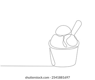 Dibujo continuo de una línea de taza de helado. Ilustración de dibujo de una línea de deliciosa taza de helado. Postre, concepto de comida fría de una sola línea. Esquema editable