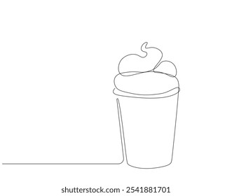 Continuous one line drawing of ice cream cup. One line drawing illustration of delicious ice cream cup. Dessert, cold food concept single line. Editable outline