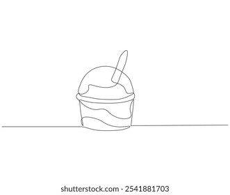 Continuous one line drawing of ice cream cup. One line drawing illustration of delicious ice cream cup. Dessert, cold food concept single line. Editable outline