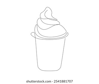 Continuous one line drawing of ice cream cup. One line drawing illustration of delicious ice cream cup. Dessert, cold food concept single line. Editable outline