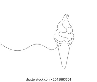 Continuous one line drawing of ice cream cone. One line drawing illustration of delicious ice cream in waffle cone. Waffle, cold and sweet food for dessert concept single line. Editable outline