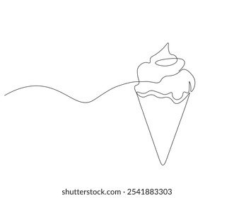 Continuous one line drawing of ice cream cone. One line drawing illustration of delicious ice cream in waffle cone. Waffle, cold and sweet food for dessert concept single line. Editable outline