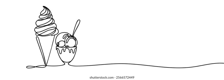 Continuous one line drawing of Ice Cream. Ice Cream Cone line art drawing vector illustration.