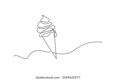 Continuous one line drawing ice cream bar stick. Dessert concept. Ice cream in waffle cone in one continuous line drawing. Sweet summer dessert, outline sketch of icecream cone with berry.