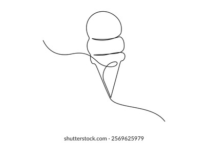 Continuous one line drawing ice cream bar stick. Dessert concept. Ice cream in waffle cone in one continuous line drawing. Sweet summer dessert, outline sketch of icecream cone with berry.