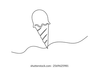 Continuous one line drawing ice cream bar stick. Dessert concept. Ice cream in waffle cone in one continuous line drawing. Sweet summer dessert, outline sketch of icecream cone with berry.