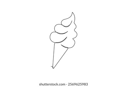 Continuous one line drawing ice cream bar stick. Dessert concept. Ice cream in waffle cone in one continuous line drawing. Sweet summer dessert, outline sketch of icecream cone with berry.