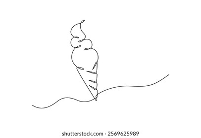 Continuous one line drawing ice cream bar stick. Dessert concept. Ice cream in waffle cone in one continuous line drawing. Sweet summer dessert, outline sketch of icecream cone with berry.