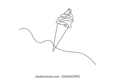 Continuous one line drawing ice cream bar stick. Dessert concept. Ice cream in waffle cone in one continuous line drawing. Sweet summer dessert, outline sketch of icecream cone with berry.