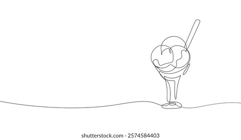 Continuous one line drawing of ice cream cup. Portion of ice cream scoops, minimalist sweet dessert design for logo menu. Summer food vector concept.