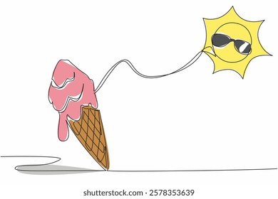 Continuous one line drawing ice cream cone melted and on top add the sun wearing sunglasses. Very hot weather symbol. Sweat. Shiny. International Sun Day. Single line draw design vector illustration