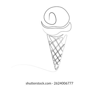 Continuous one line drawing of Ice cream gelato. Ice cream with cone in single line draw illustration.