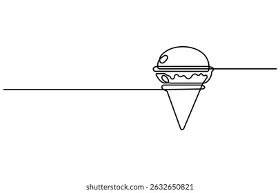 Continuous one line drawing of Ice cream gelato. Ice cream with cone in single line draw illustration. Editable stroke.