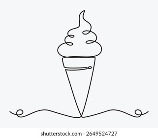 Continuous one line drawing of Ice cream in waffle cone. Single line drawing illustration of Sweet ice cream.