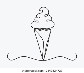 Continuous one line drawing of Ice cream in waffle cone. Single line drawing illustration of Sweet ice cream.