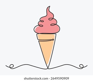 Continuous one line drawing of Ice cream in waffle cone. Single line drawing illustration of Sweet ice cream.