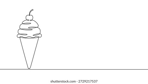 Dibujo continuo de una línea de un cono de helado cubierto con una cereza. Dibujo de un postre con trazo negro editable sobre fondo blanco. Ilustración vectorial.