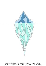 Continuous one line drawing of an iceberg, isolated on a white background, symbolizing hidden depths beneath the surface, with colored details, vector illustration, and editable stroke.