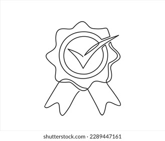 continuous one line drawing of icon Certificate Badge vector illustration, badge warranty icon with checklist and ribbon