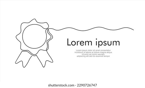 continuous one line drawing of icon Certificate Badge vector illustration, badge warranty icon with ribbon.Can used for logo, emblem, slide show and banner. Illustration with quote template.