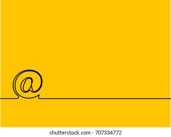 Continuous one line drawing of at icon on yellow background. EPS10 vector illustration for card, template, banner, infographics, poster, design element. Black thin line image of at sign.