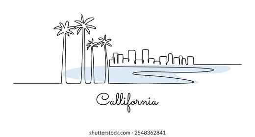 Continuous one line drawing of California’s iconic landmarks. A minimalist vector representation of the state’s famous attractions.