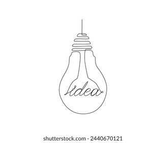 Continuous one line drawing of  idea bulb or lamp. Idea word in bulb single line illustration. Editable stroke.