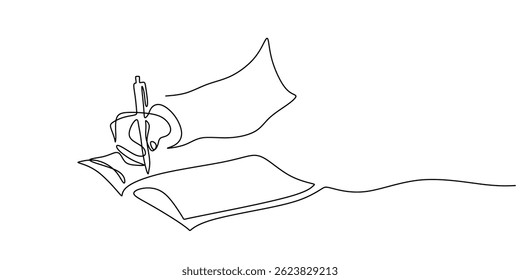 Kontinuierliche einzeilige Zeichnung, die eine Hand zeigt, die sorgfältig Notizen oder Ideen in ein Buch schreibt. Handgezeichnete Vektorgrafik.