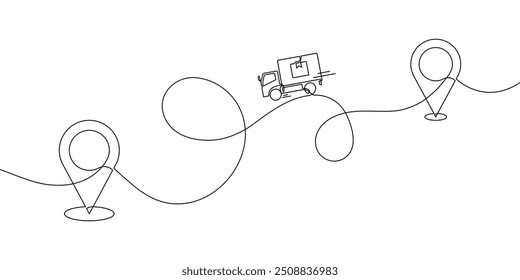 Ilustração contínua do desenho de uma linha da logística. Imagem do processo de entrega de caminhões de um lugar para outro. Ilustração do vetor de transporte no estilo de estrutura de tópicos
