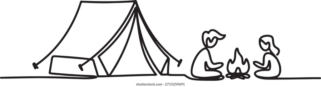 Kontinuierliche einzeilige Zeichnung des jungen Paares, das am Lagerfeuer in der Nähe des Zeltes zeltet und sitzt. Einfache Einzelzeilenzeichnung der Freizeitaktivitäten im Freien. Minimalistische Linie Kunst Skizze des Wanderabenteuers auf transparentem Hintergrund.